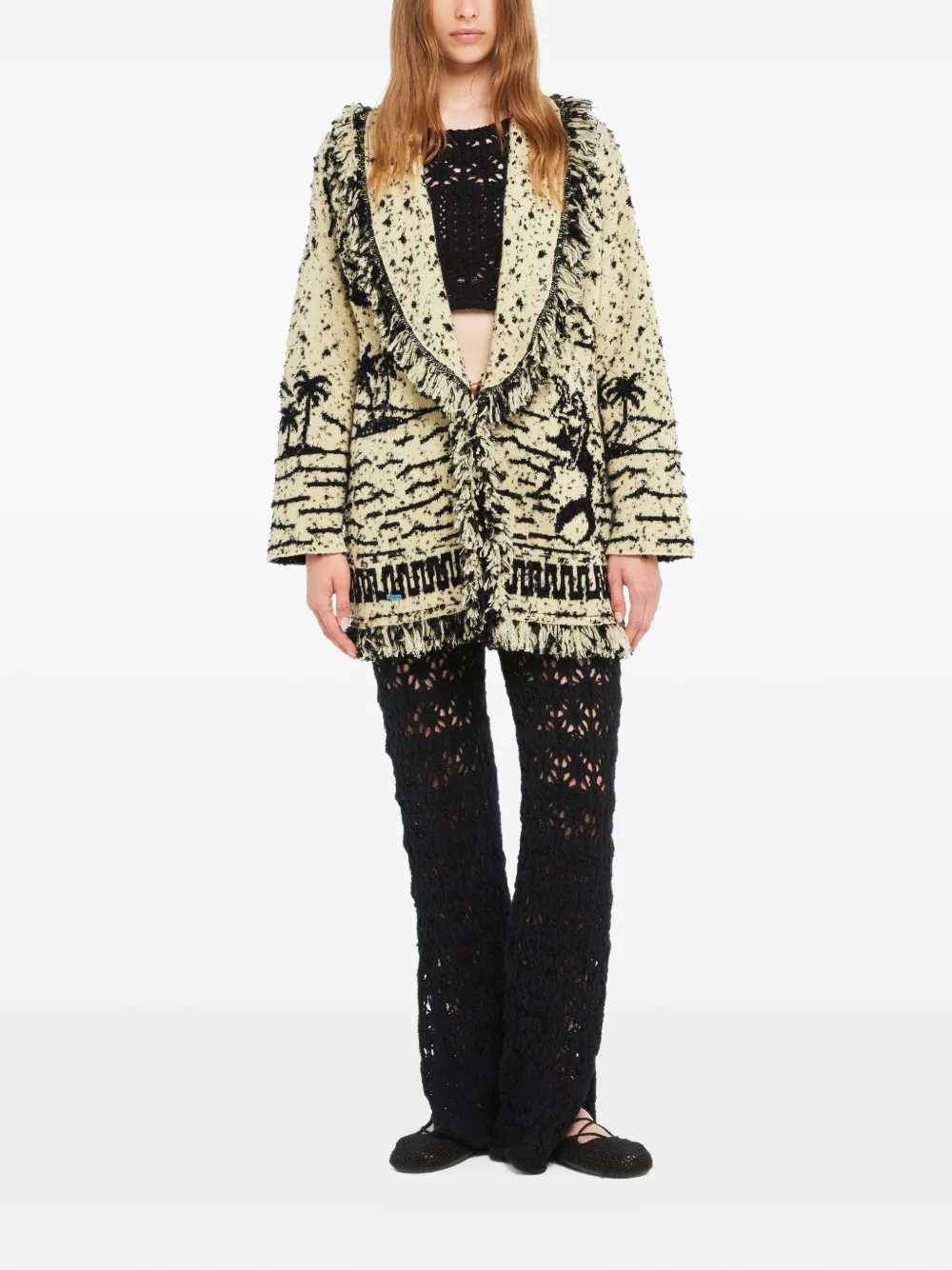 Alanui Ocean Whispers Fringed Graphic-pattern Cardigan In Neutral