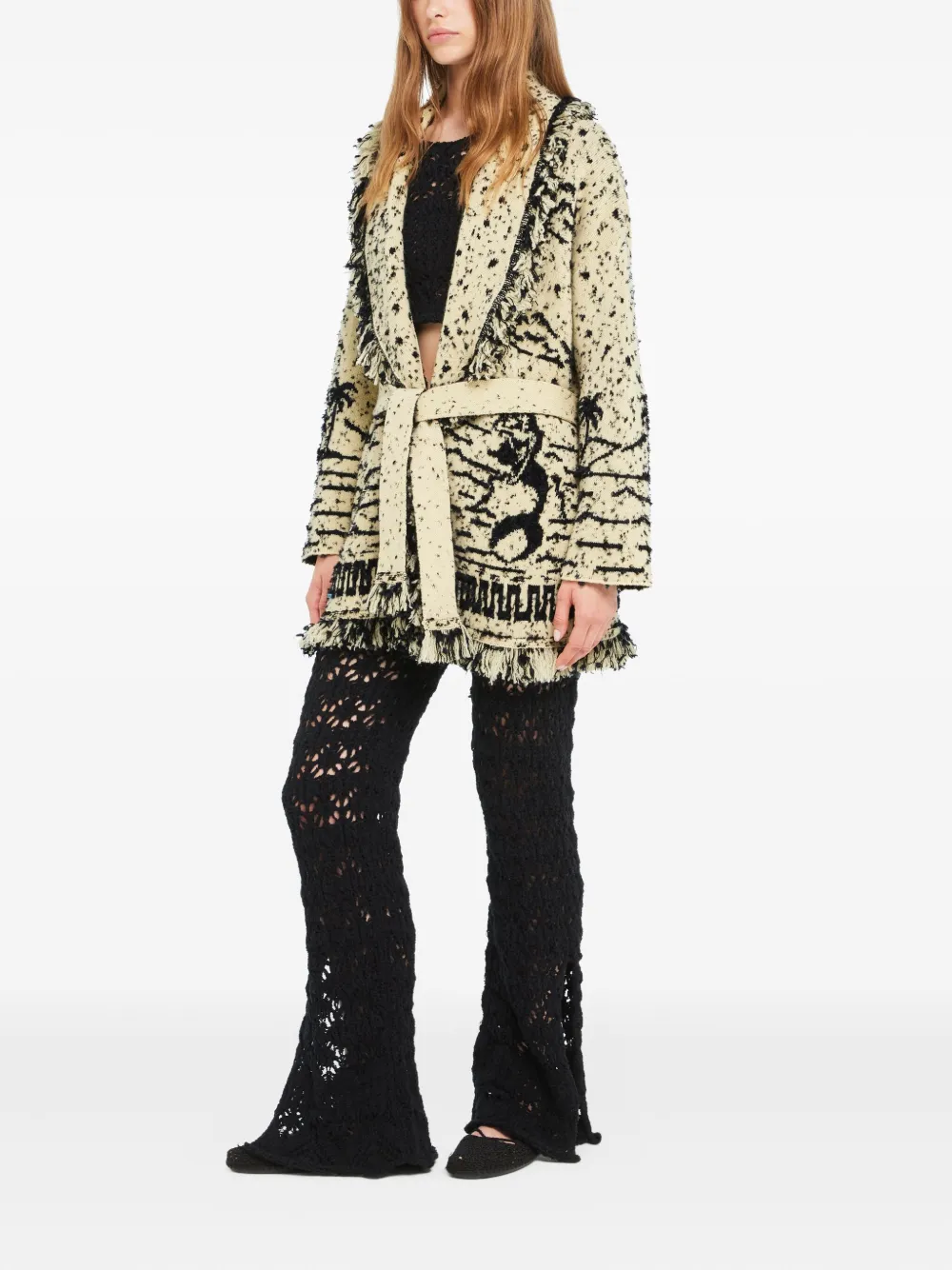Alanui Ocean Whispers Fringed Graphic-pattern Cardigan In Neutral