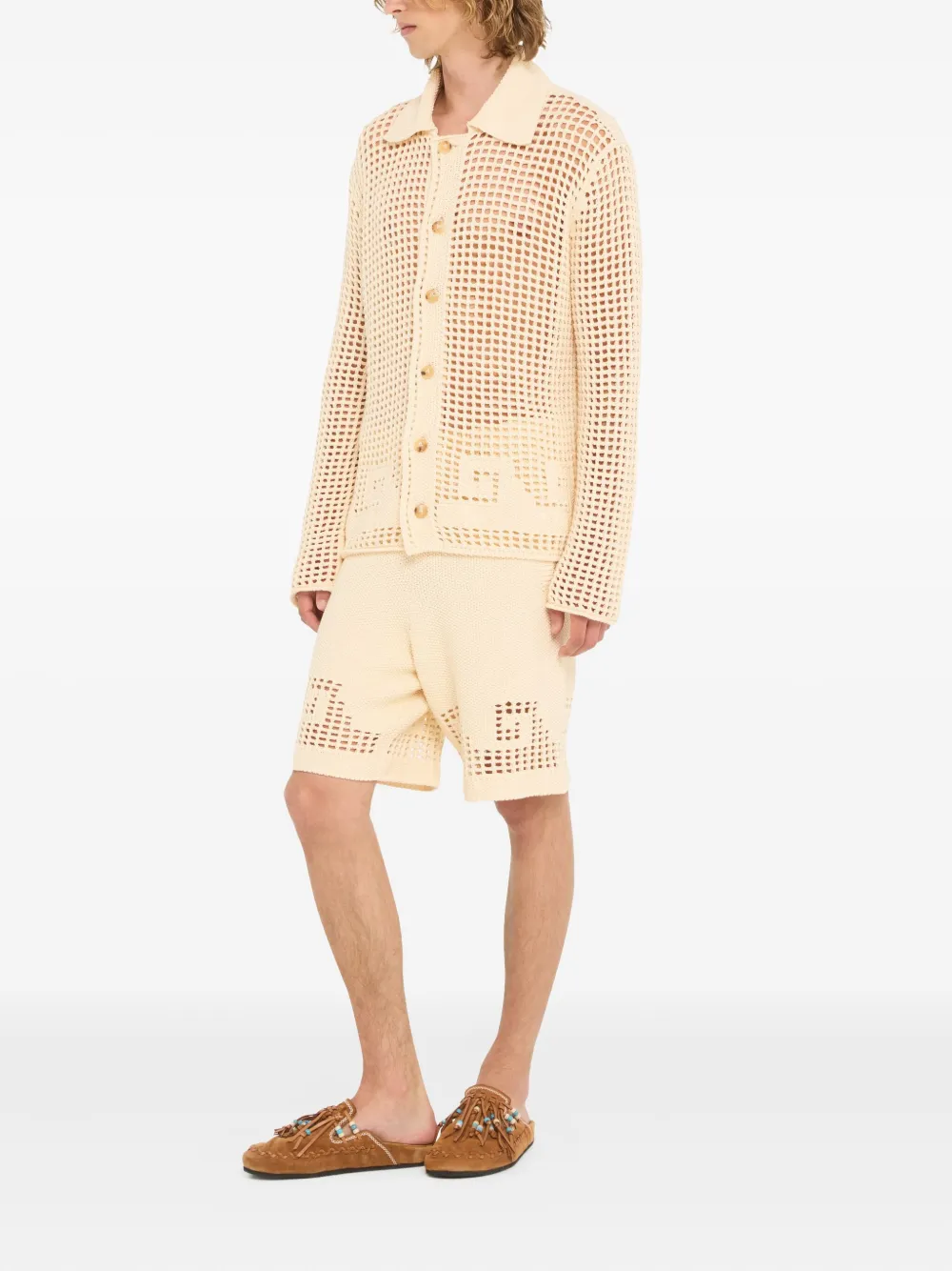 Alanui Where The Wave Begins Openwork Buttoned Shirt In Neutral