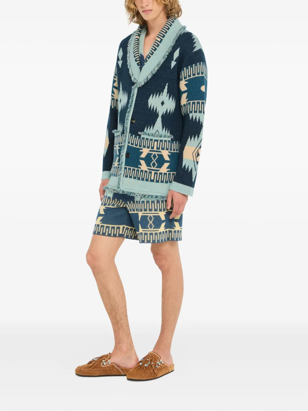  Alanui Icon Jacquard Fringed Cardigan - Blue 