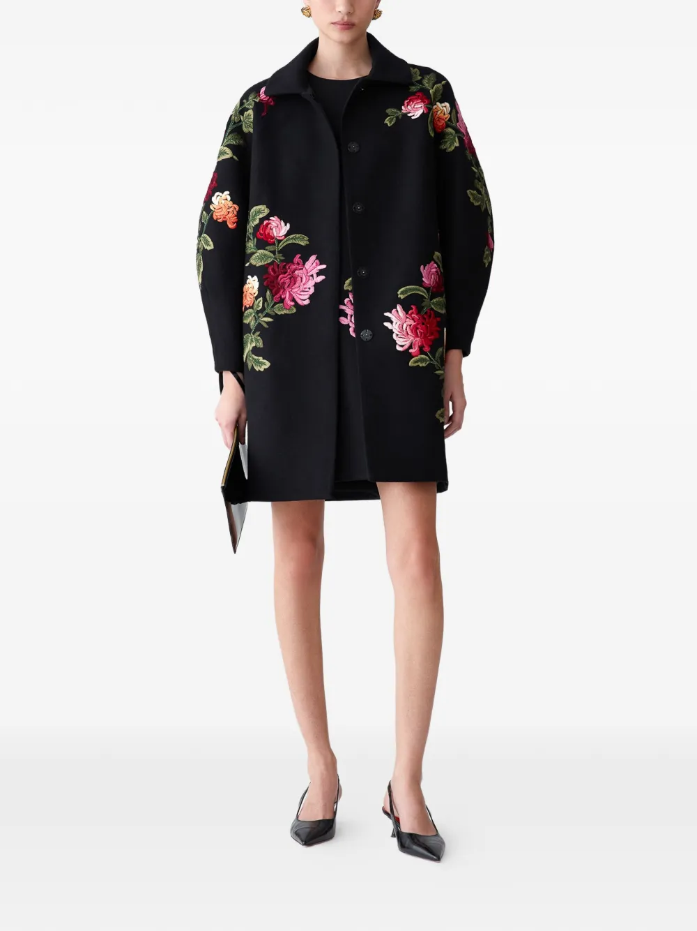 Carolina Herrera Cocoon chrysanthemum-embroidered coat - Black