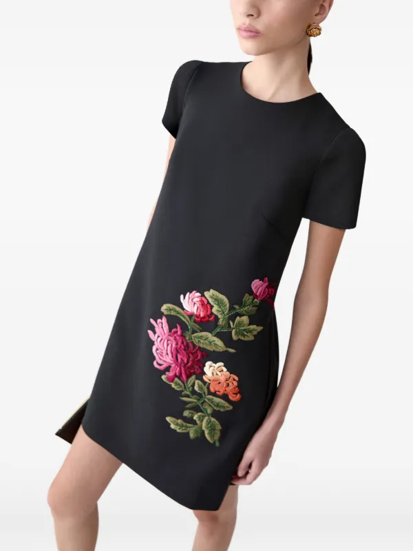 Carolina Herrera Women's Floral Embroidered Stretch Wool Shift Dress - Black - Mini Dresses