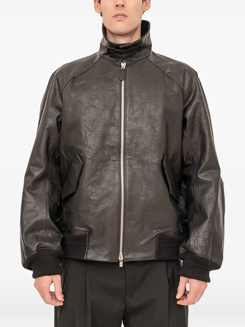 Devoa Zip-up Leather Jacket In Black