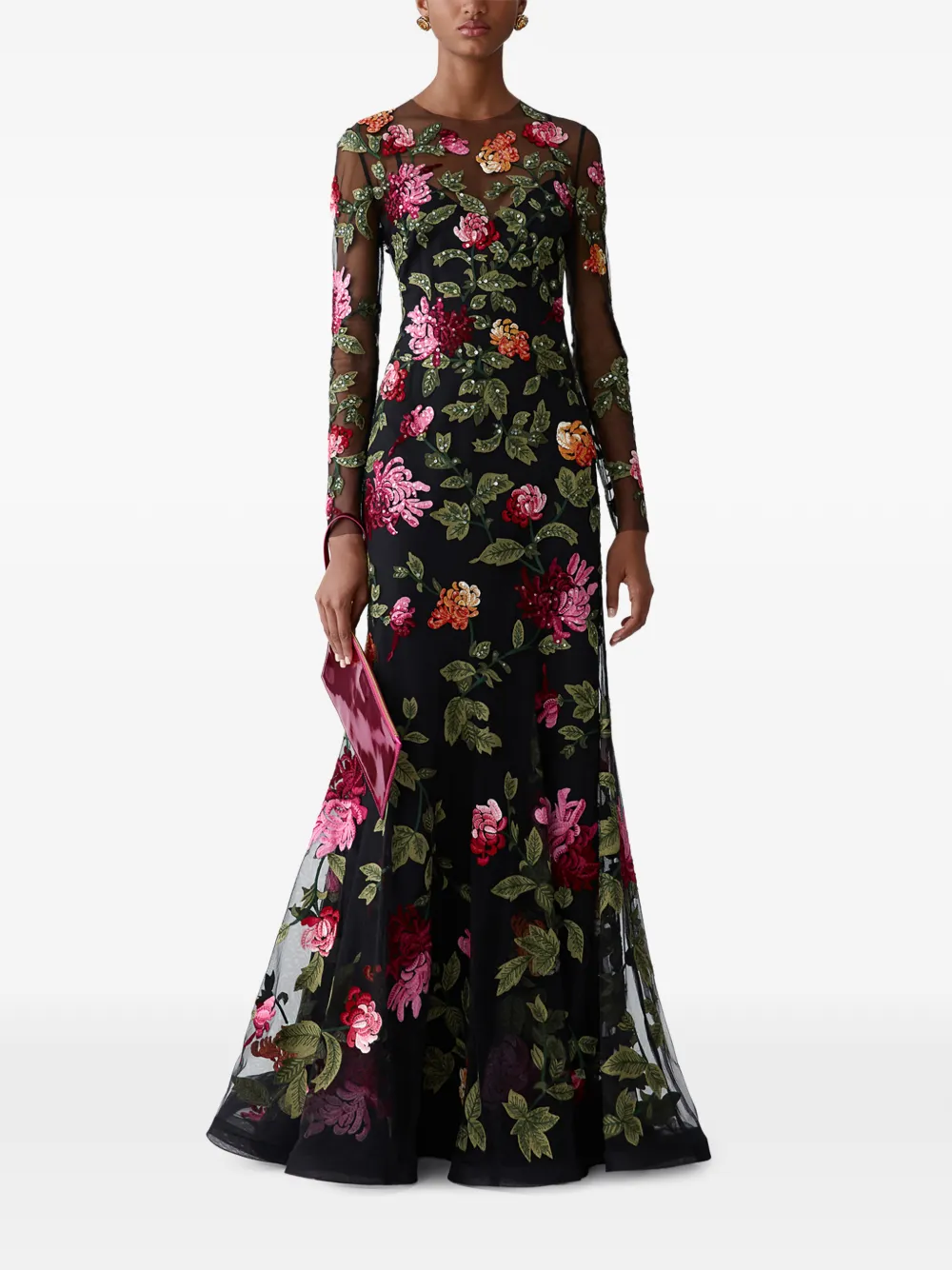 Carolina Herrera Maxi-jurk met geborduurde bloemen Zwart