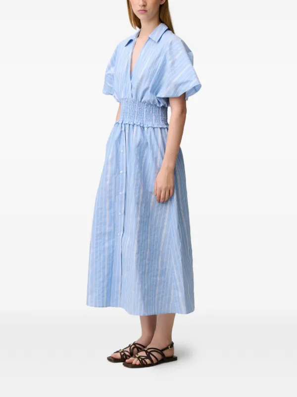 blue striped wrap dress Claudie Pierlot Stripe Midi 100 % washed Lithuanian ladies-dresses V-Neck Lace Trim Wrapover SIZE:SM