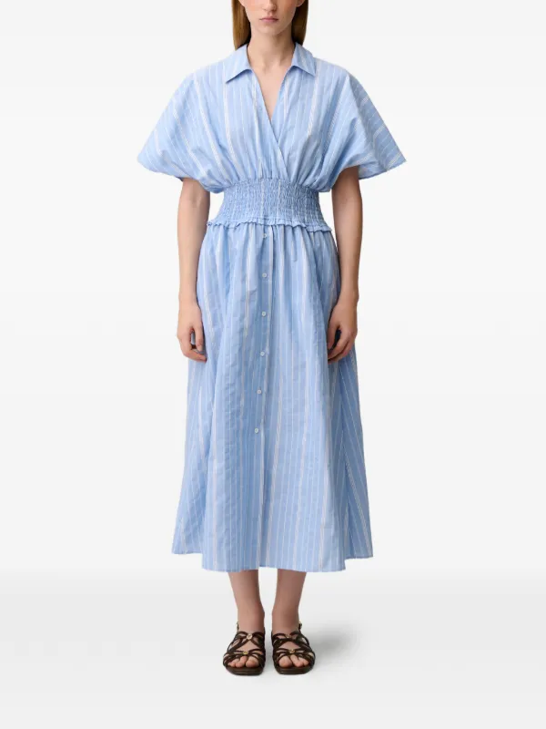 blue and white striped wrap dress Claudie Pierlot Stripe Midi Size:32W 2XL Azura Gown | Black tie wrap detail and