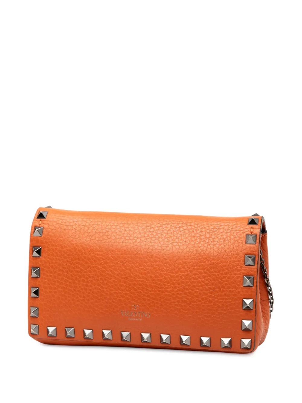 Pre-owned Valentino Garavani 2018-2025 Pebbled Calfskin Rockstud Clutch On Chain Crossbody Bag In Orange