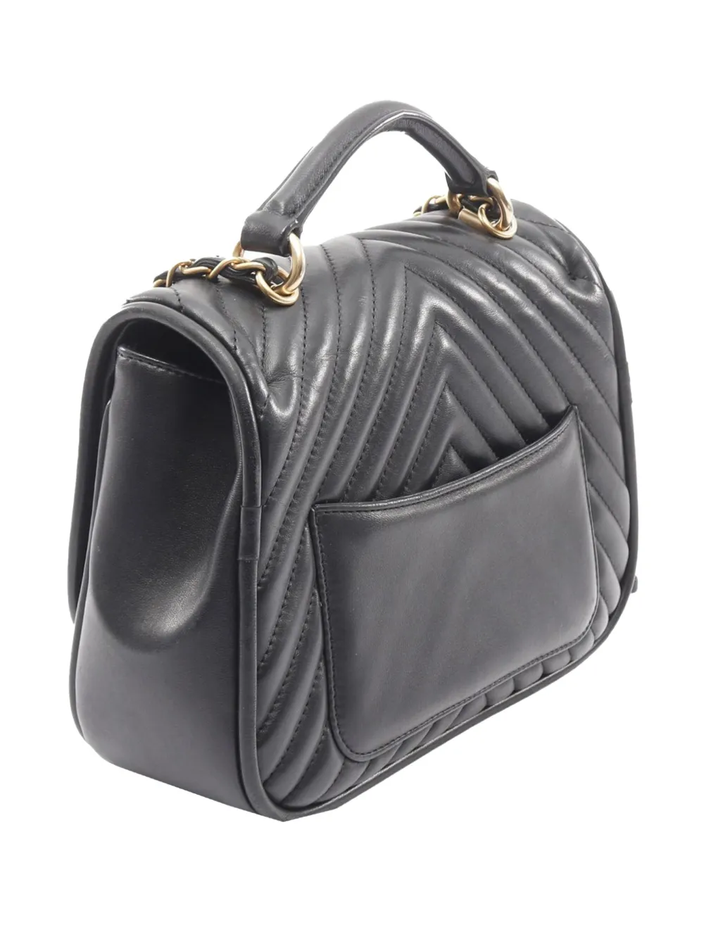 Pre-owned Chanel 2017-2018 Quilted Chevron Lambskin Top Handle Flap Satchel In Black