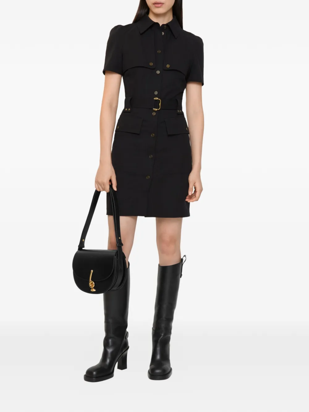 Burberry Buckle-belted Wool Dress In Black