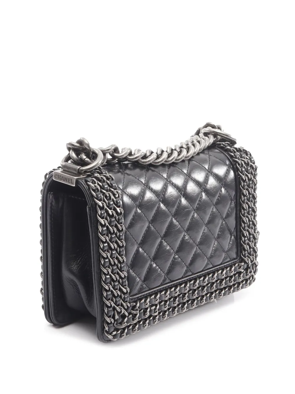 Pre-owned Chanel 2014-2015 Small Quilted Glazed Calfskin Chained Boy Flap Shoulder Bag In Black