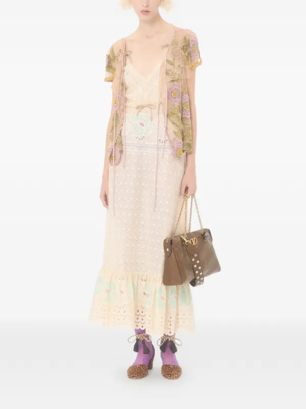 Valentino Sangallo Midi Dress With Fleur A Jours Fiori Woman Azure/yellow 40 Valentino Sangallo Midi Dress With Fleur A Jours Fiori Woman Azure/yellow 40