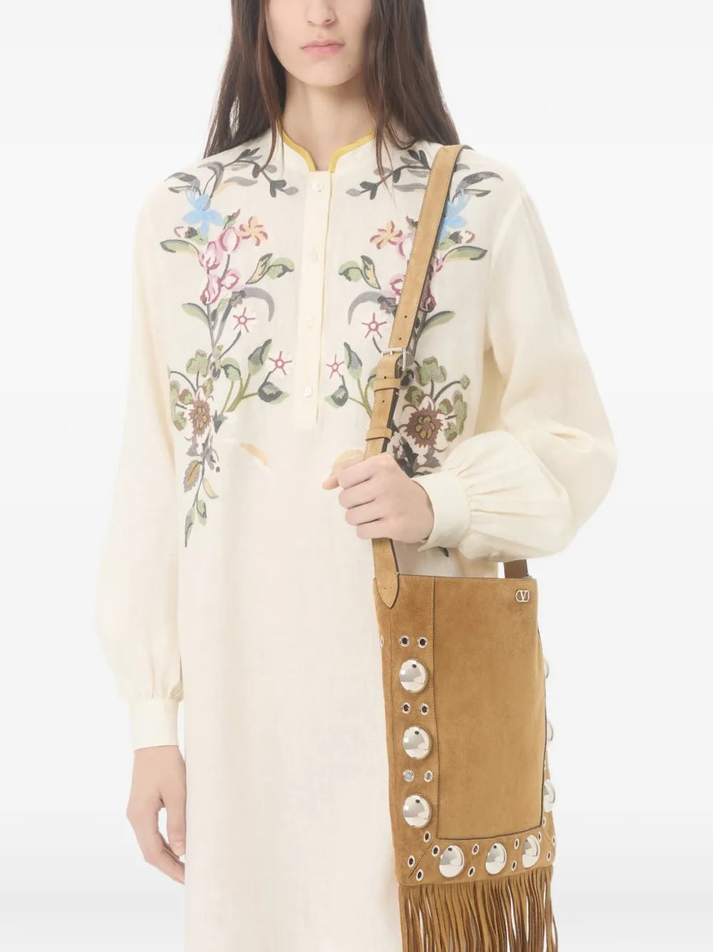 floral-embroidered linen mini dress