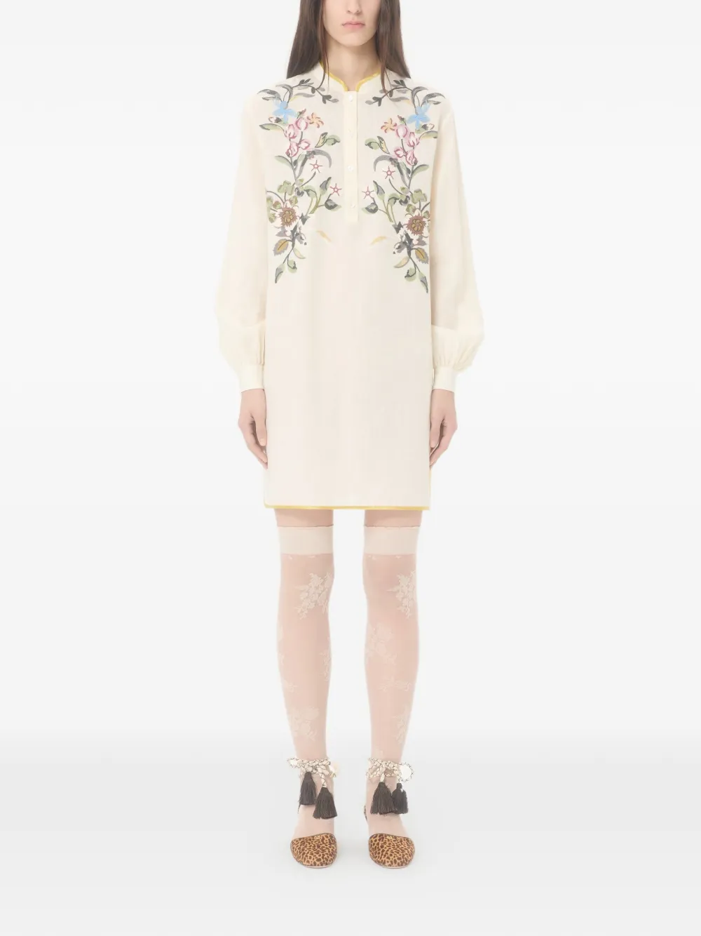 floral-embroidered linen mini dress