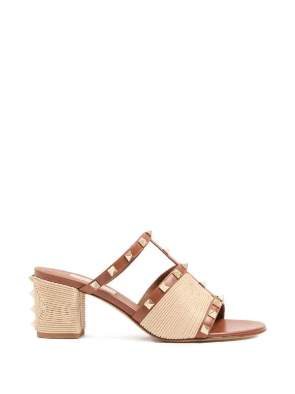 Valentino Garavani Rockstud Slide Sandals in Calfskin with Cornely Embroidery 60mm in Brown