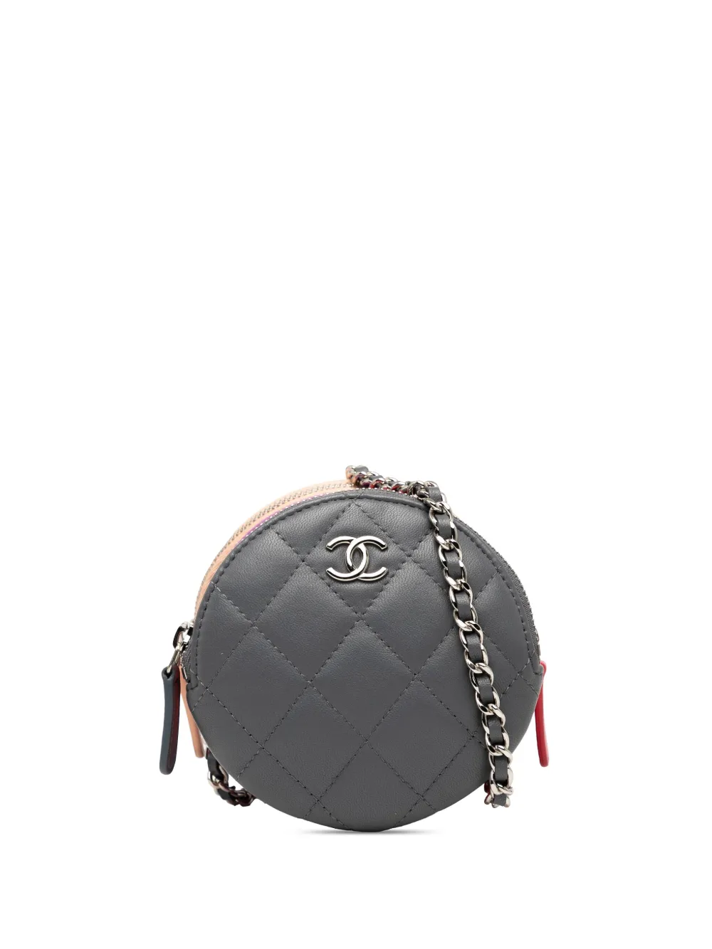 Pre-owned Chanel 2019 Cc Quilted Lambskin Triple Zip Round Clutch With Chain Crossbody Bag In Gray