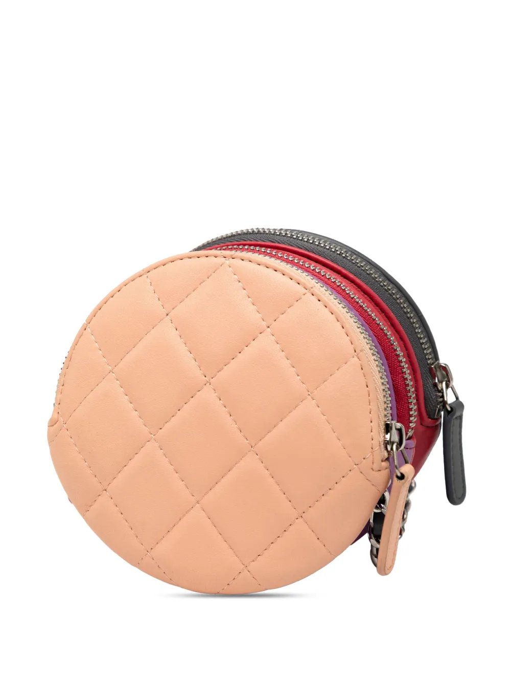 Pre-owned Chanel 2019 Cc Quilted Lambskin Triple Zip Round Clutch With Chain Crossbody Bag In Gray