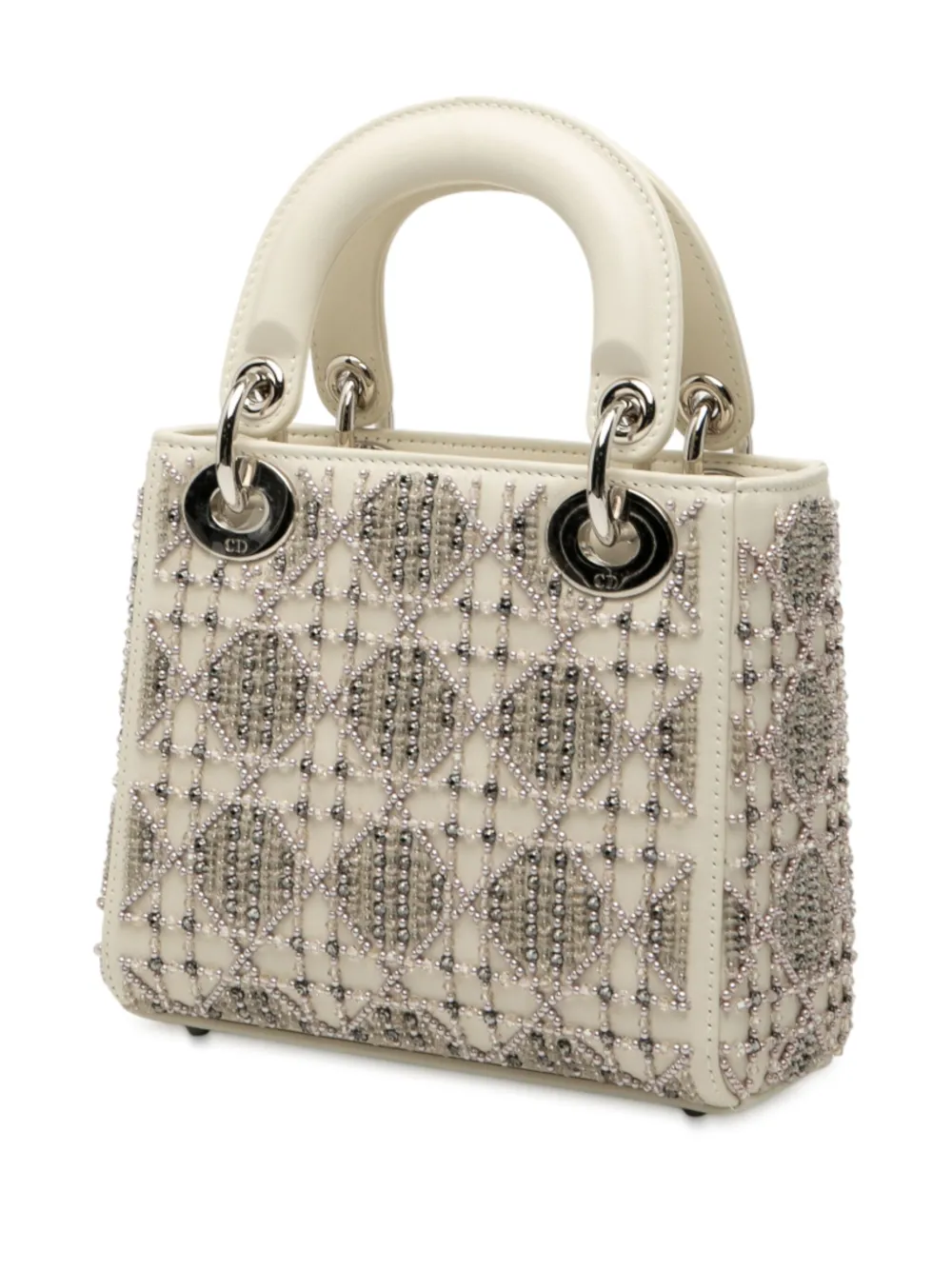 Pre-owned Dior 2025 Mini Beaded Lambskin Cannage Lady  Satchel In White