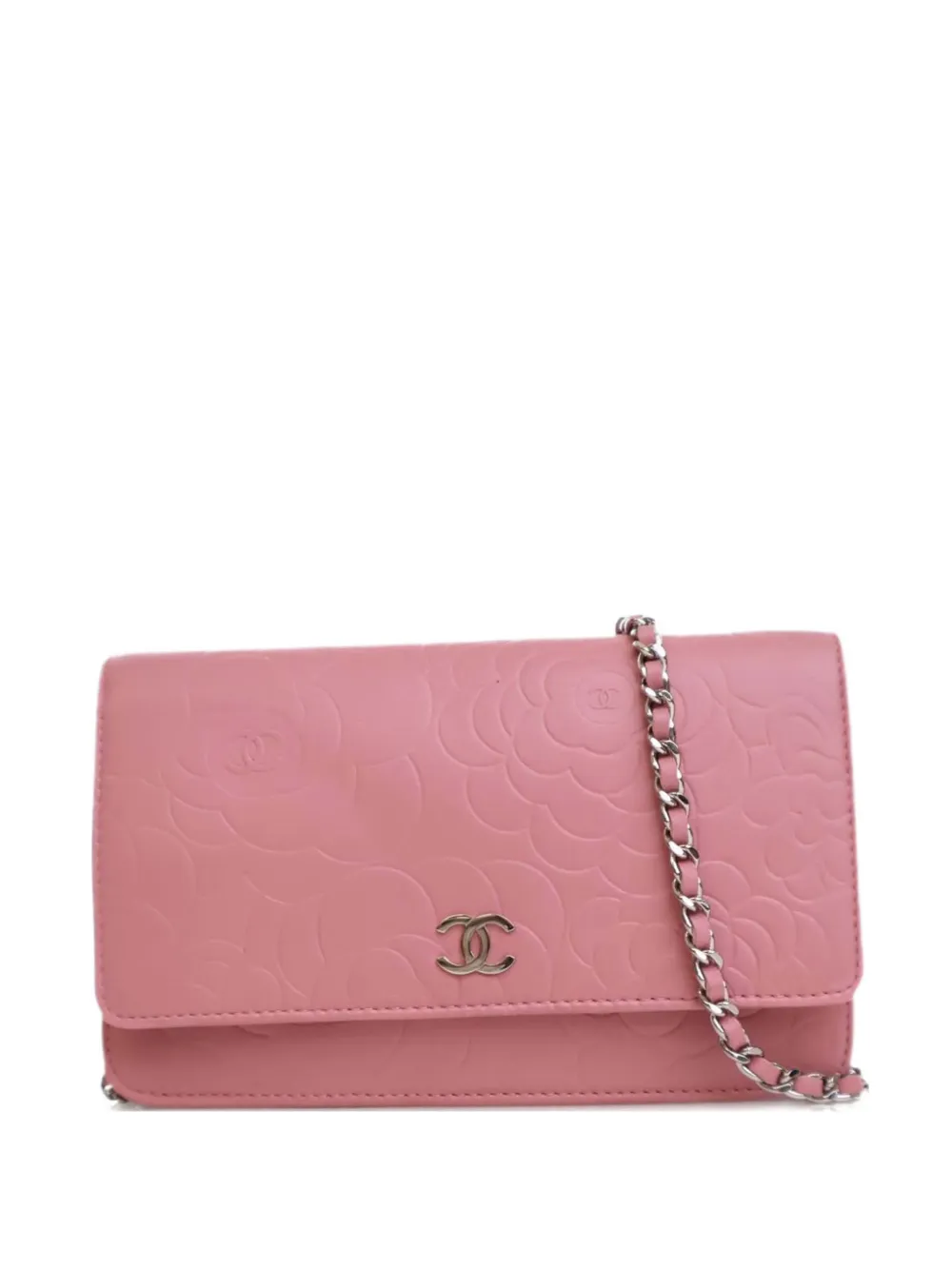 Pre-owned Chanel 2010-2011 Cc Embossed Lambskin Camellia Wallet On Chain Crossbody Bag In Pink