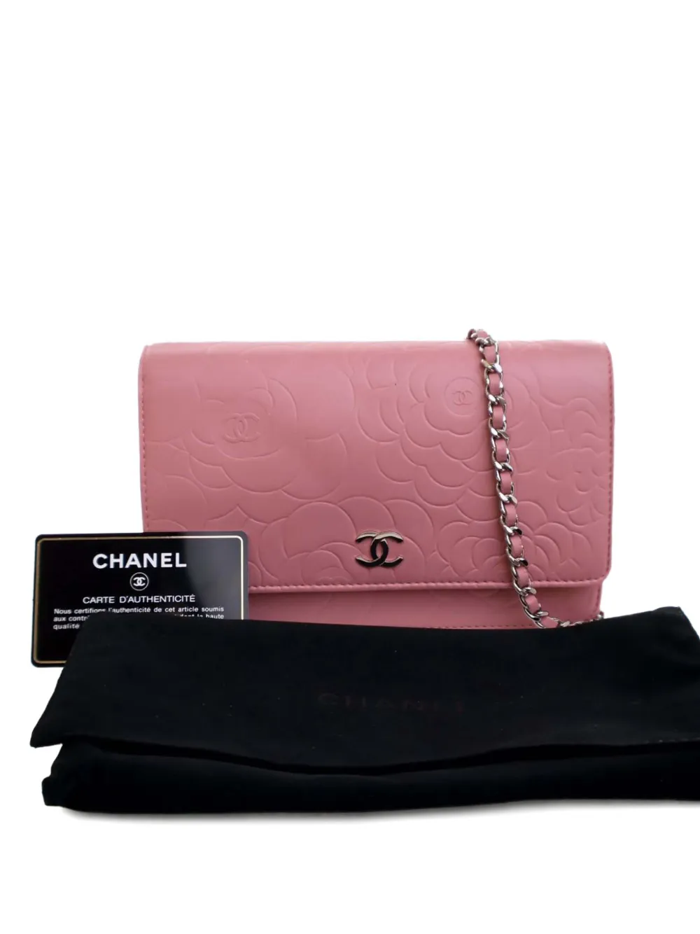 Pre-owned Chanel 2010-2011 Cc Embossed Lambskin Camellia Wallet On Chain Crossbody Bag In Pink