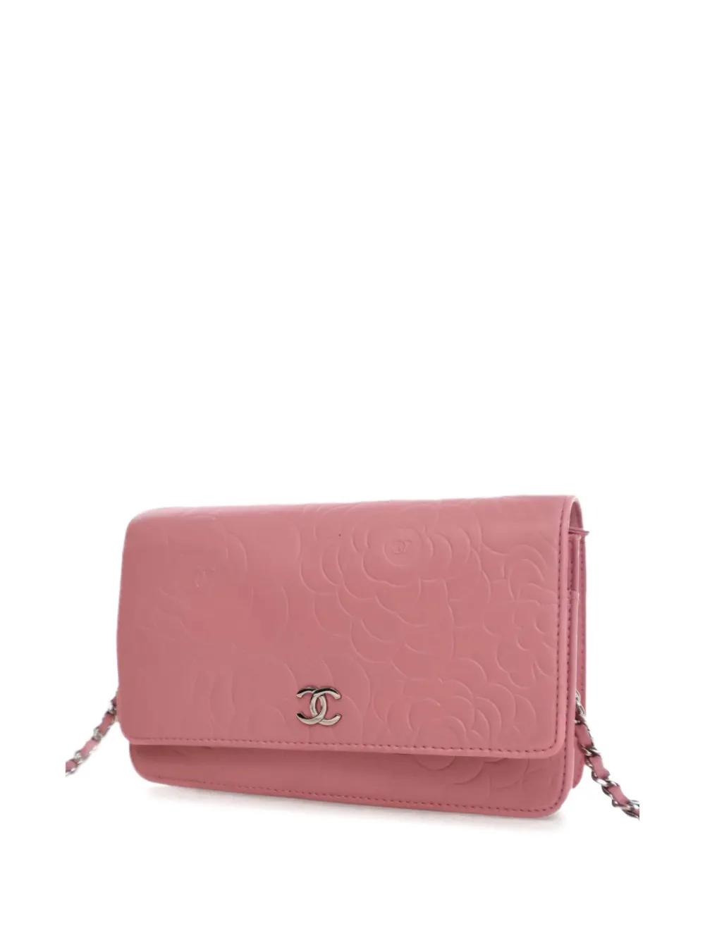 Pre-owned Chanel 2010-2011 Cc Embossed Lambskin Camellia Wallet On Chain Crossbody Bag In Pink