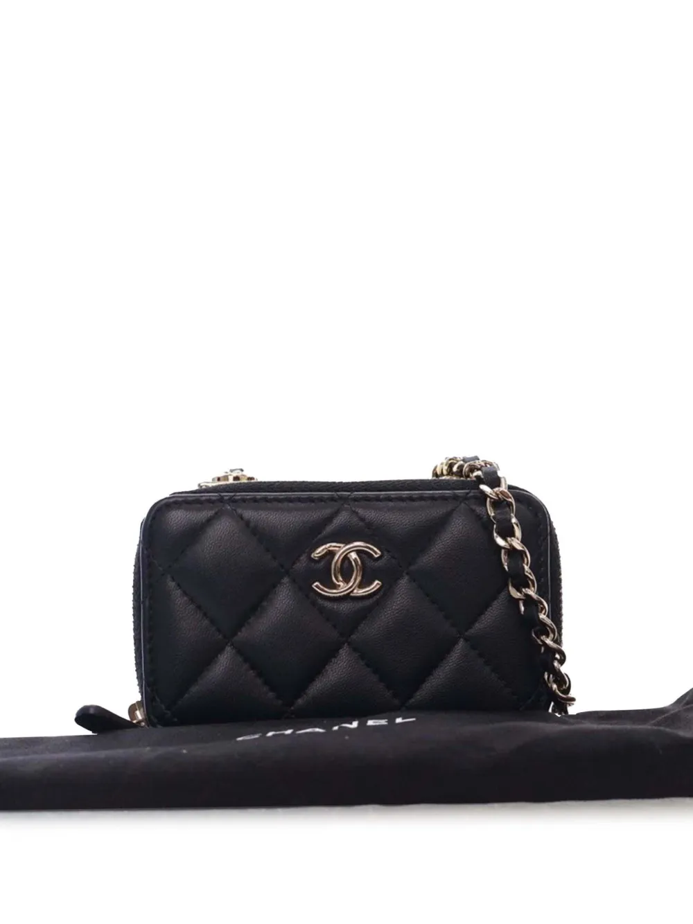 Pre-owned Chanel 2021-2025 Mini Lambskin Trendy Cc Cardholder With Chain Crossbody Bag In Black