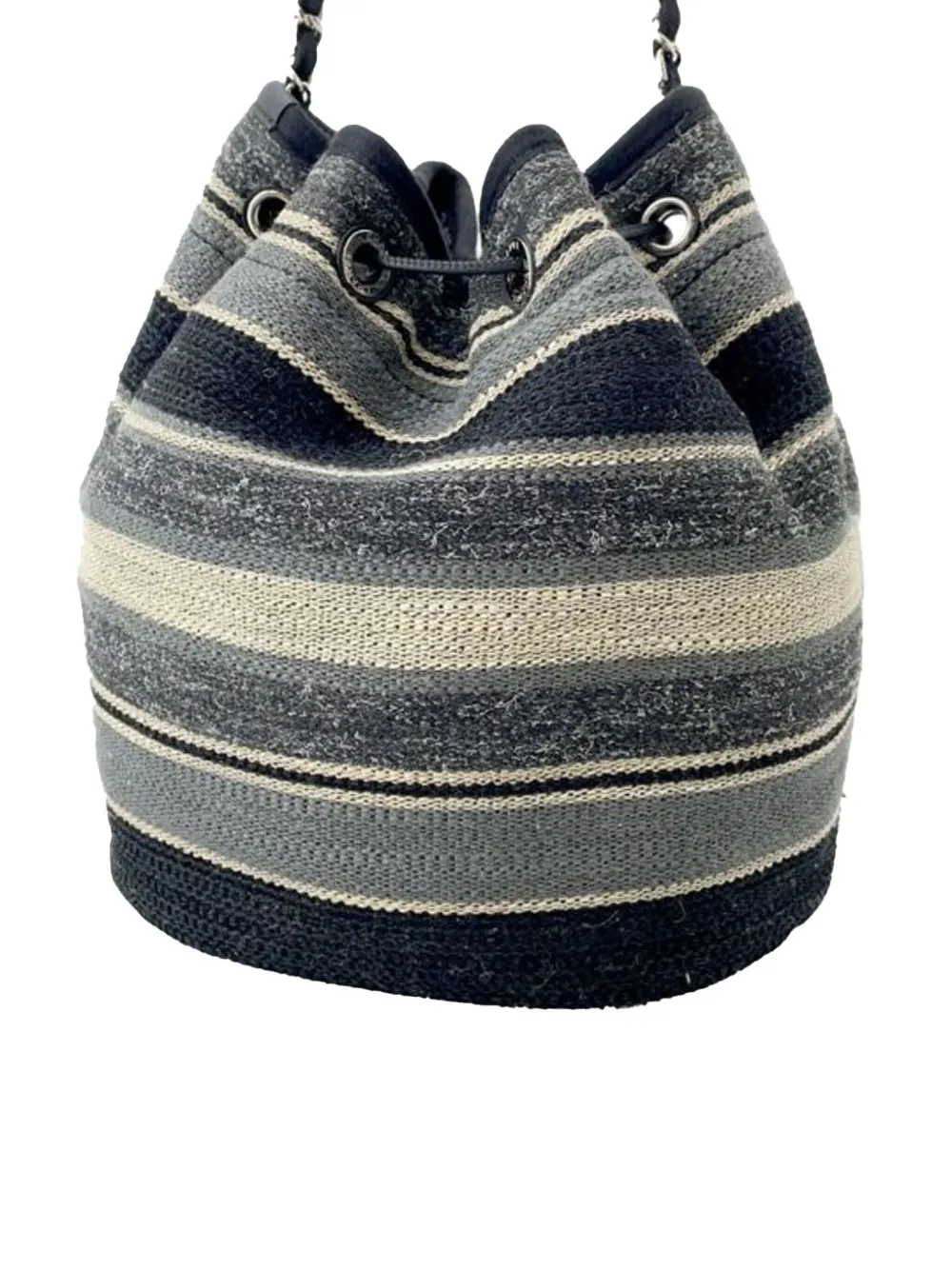 Pre-owned Chanel 2018-2019 Canvas And Wool Striped Deauville Drawstring Bucket Bag In Gray