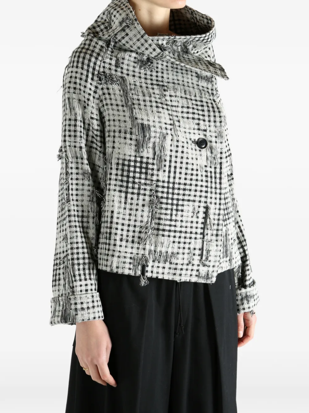 Y's Check-pattern Frayed-hem Jacket In White