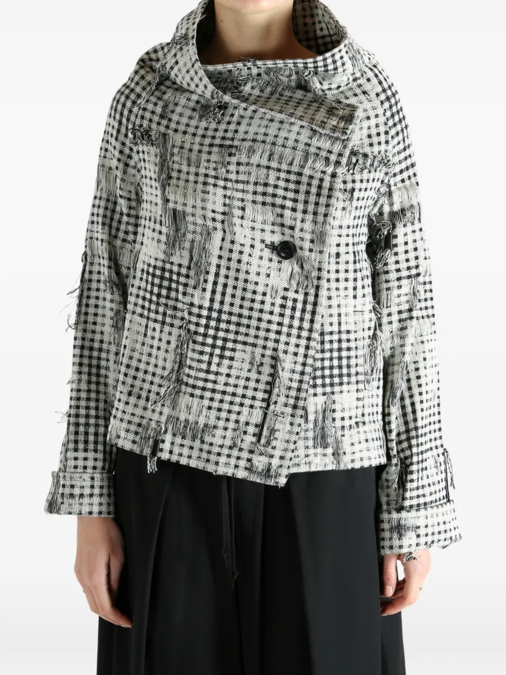 Y's Check-pattern Frayed-hem Jacket In White