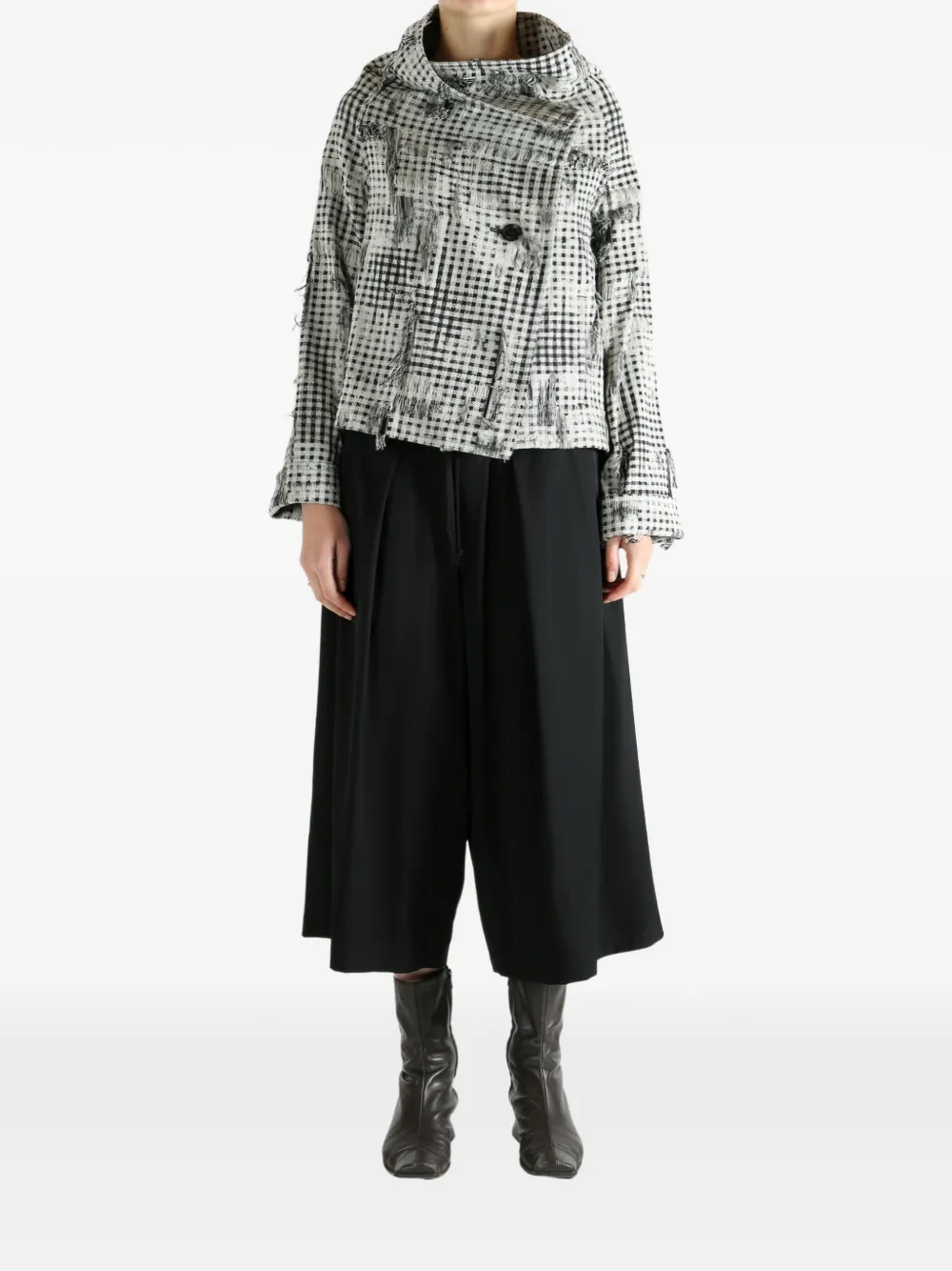 Y's Check-pattern Frayed-hem Jacket In White