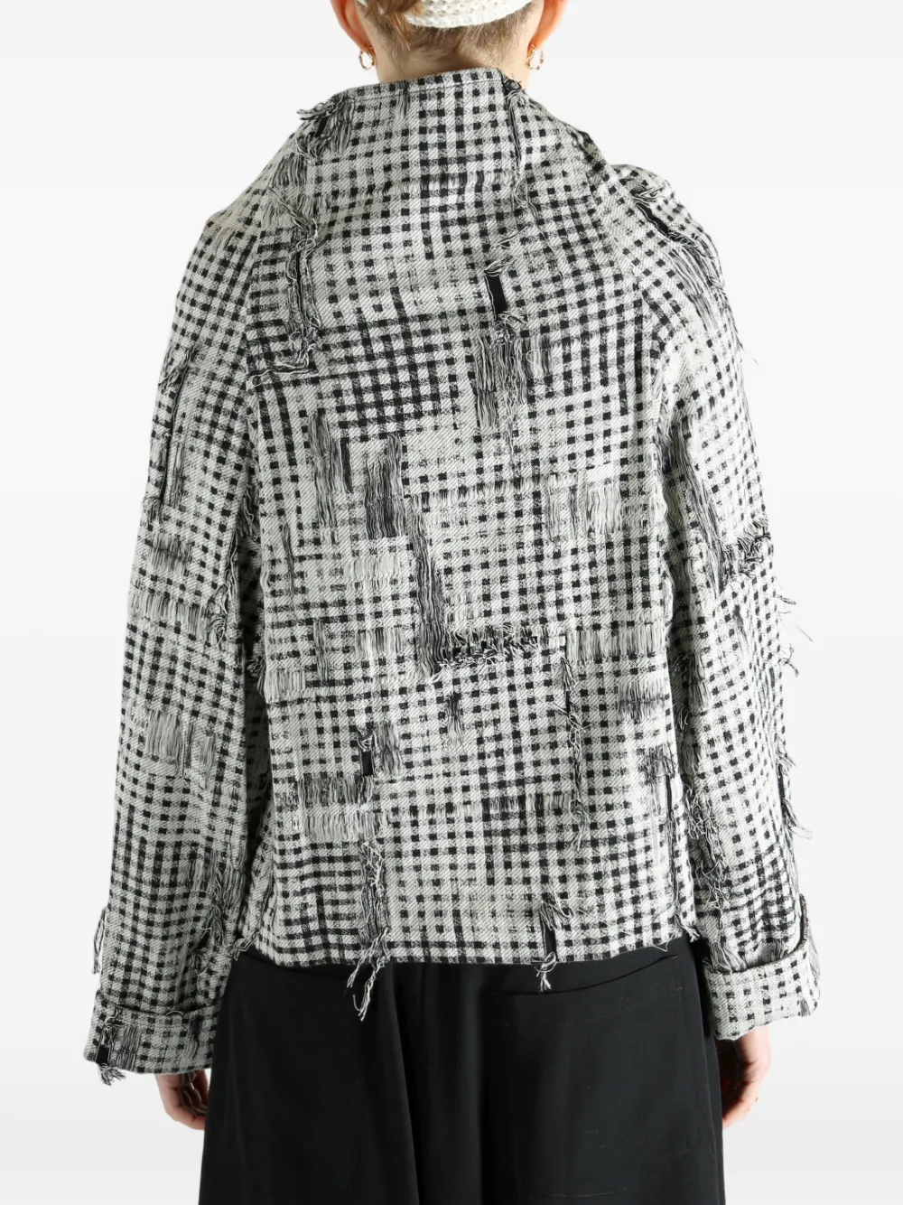 Y's Check-pattern Frayed-hem Jacket In White