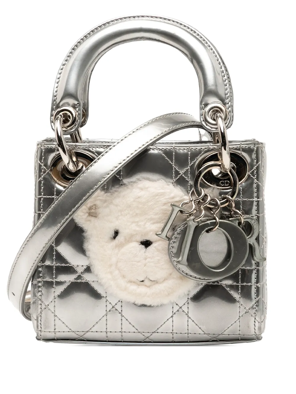 Christian Dior Pre-Owned Borsa a tracolla Bear Lady Dior micro in pelle di agnello metallizzata con motivo Cannage 2017 - Argento