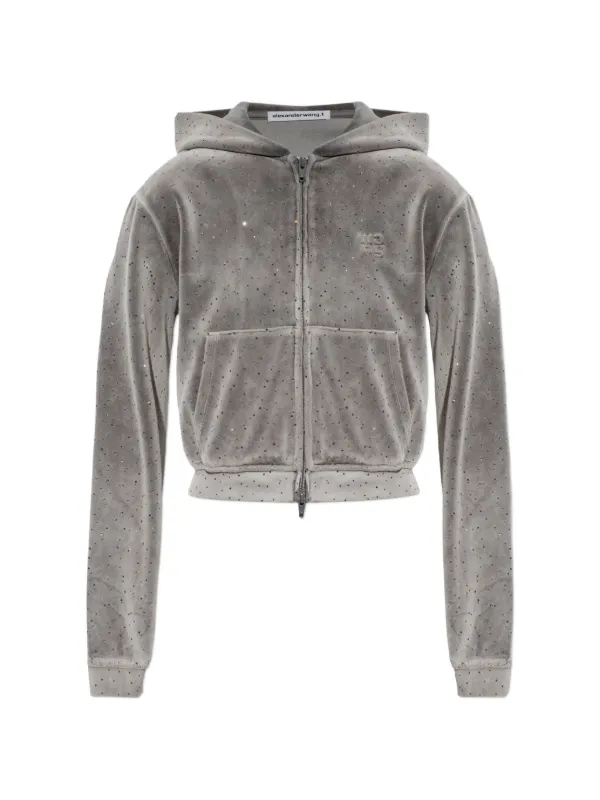 Alexander Wang Shrunken Hoodie in Crystal Hotfix Velour in Grey