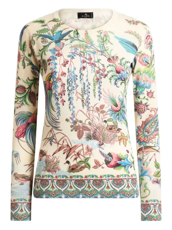 Etro Silk and Cashmere Sweater with Flora and Fauna Motif in Neutrals