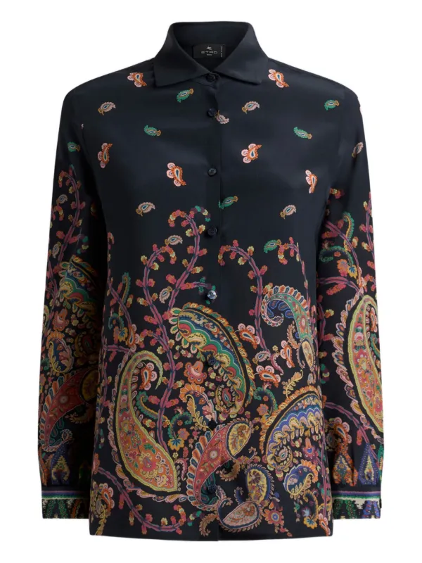 Etro Silk Shirt with Placed Floral Paisley Print in Blue