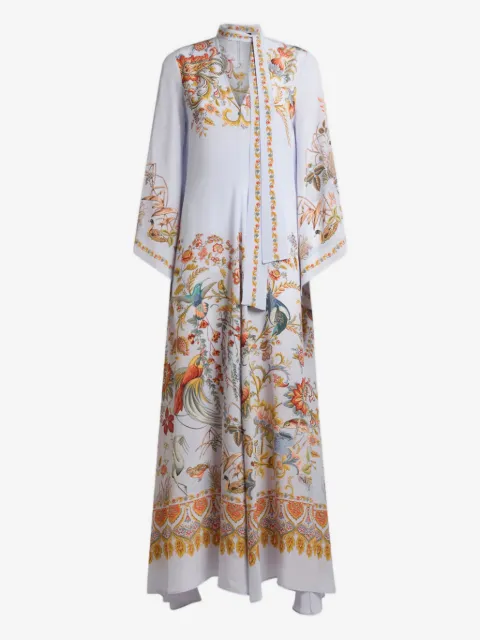 ETRO vestido largo de seda con mascada de seda y estampado de flora y fauna