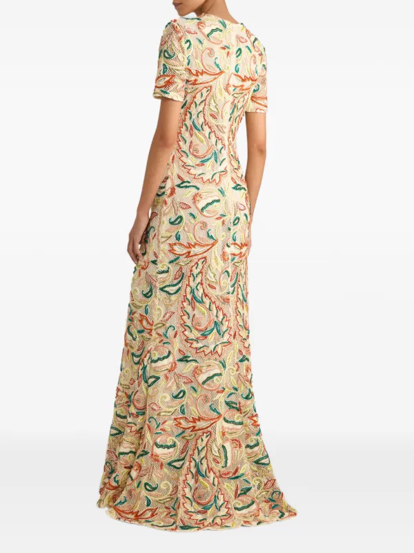 etro crochet dress ETRO crochet-effect Long Dress With Floral Embroidery | Yellow