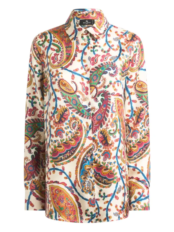 Etro Silk Twill Shirt with Floral Paisley Motif in White
