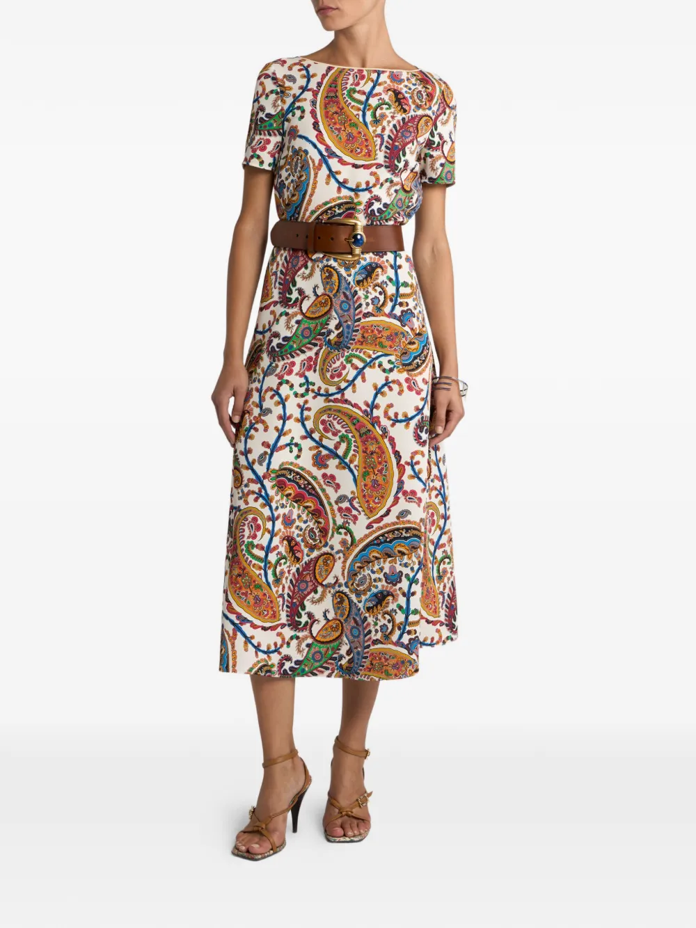 ETRO STRETCH CADY MIDI DRESS WITH FLORAL PAISLEY MOTIF - Beige