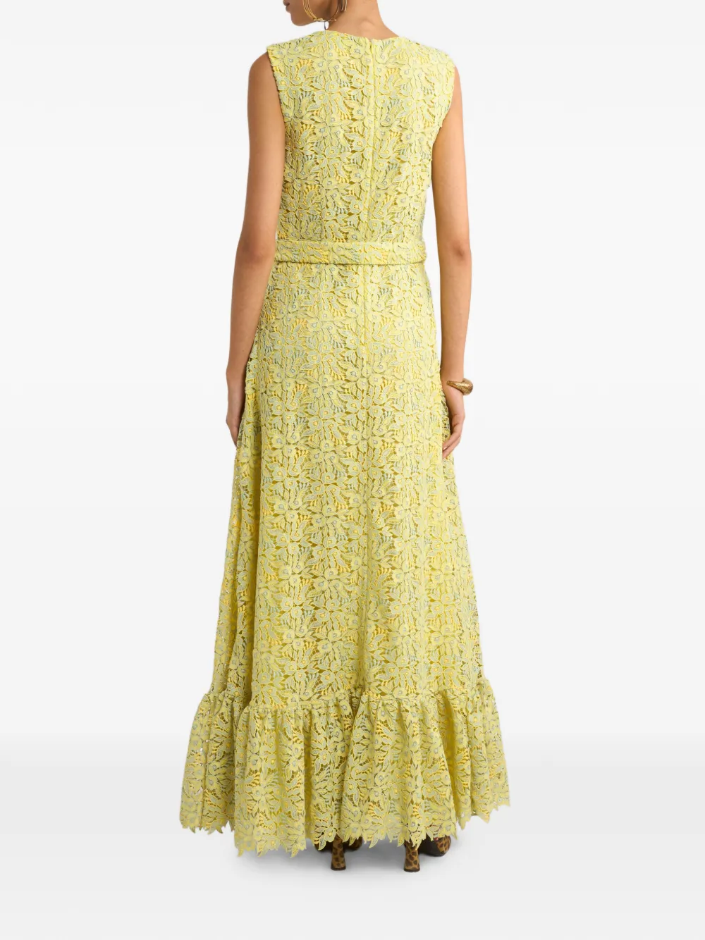 ETRO Maxi-jurk met ceintuur en kant Geel