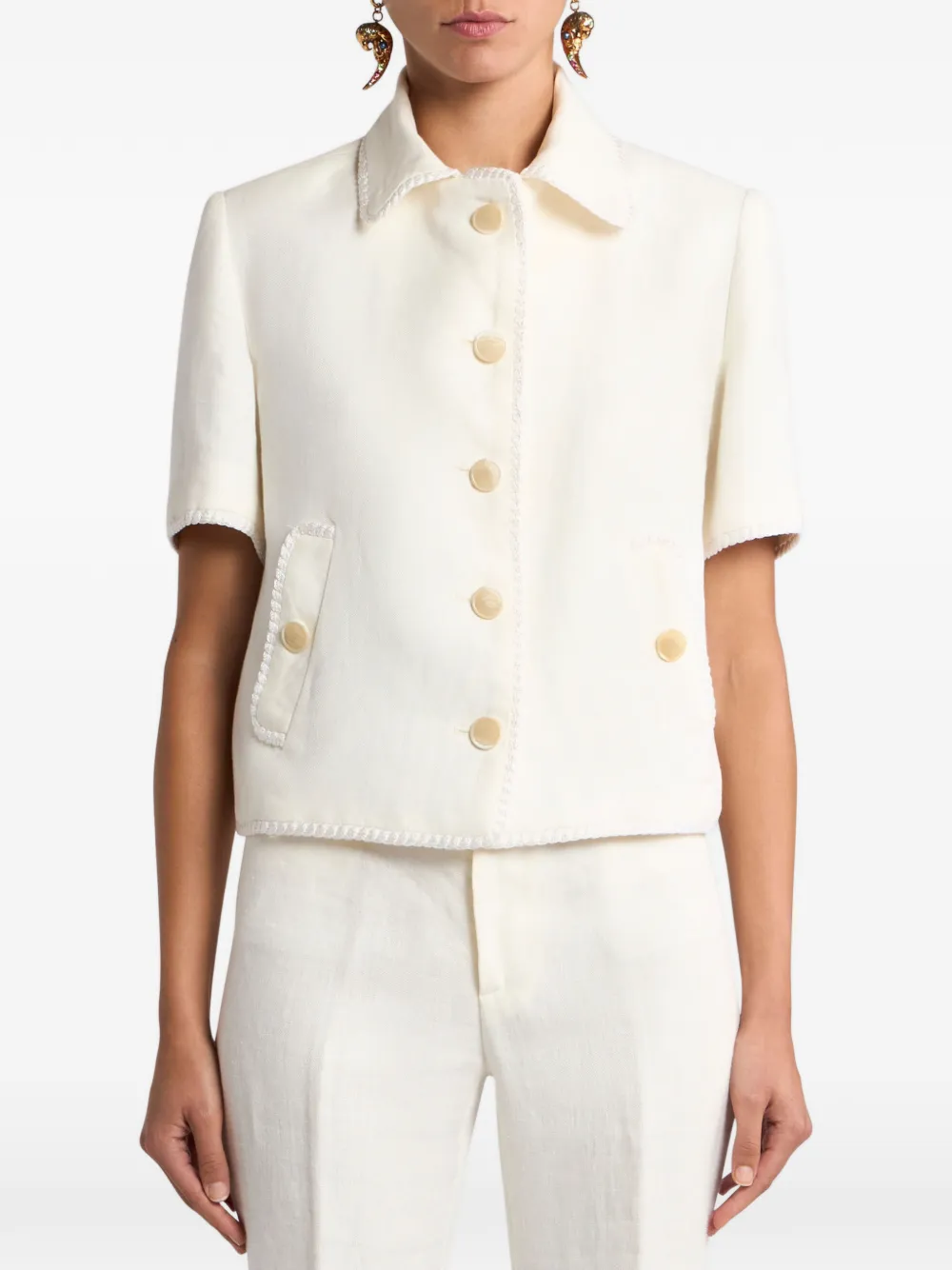 Etro Pegaso-buttons Short-sleeve Cropped Jacket In Neutral