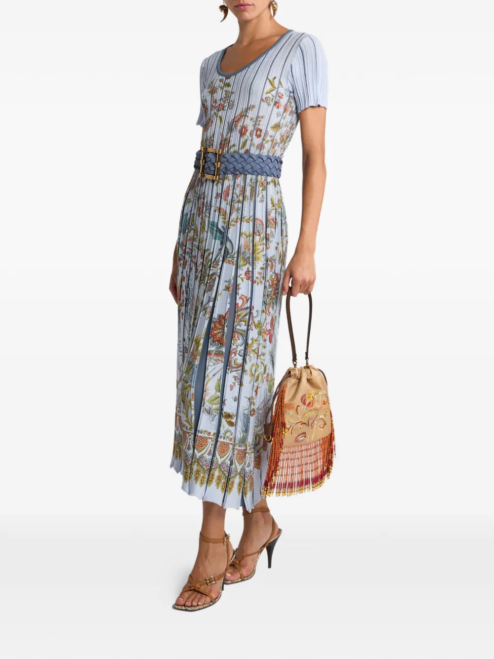 Etro Pleated Floral-print Midi Dress In Blue
