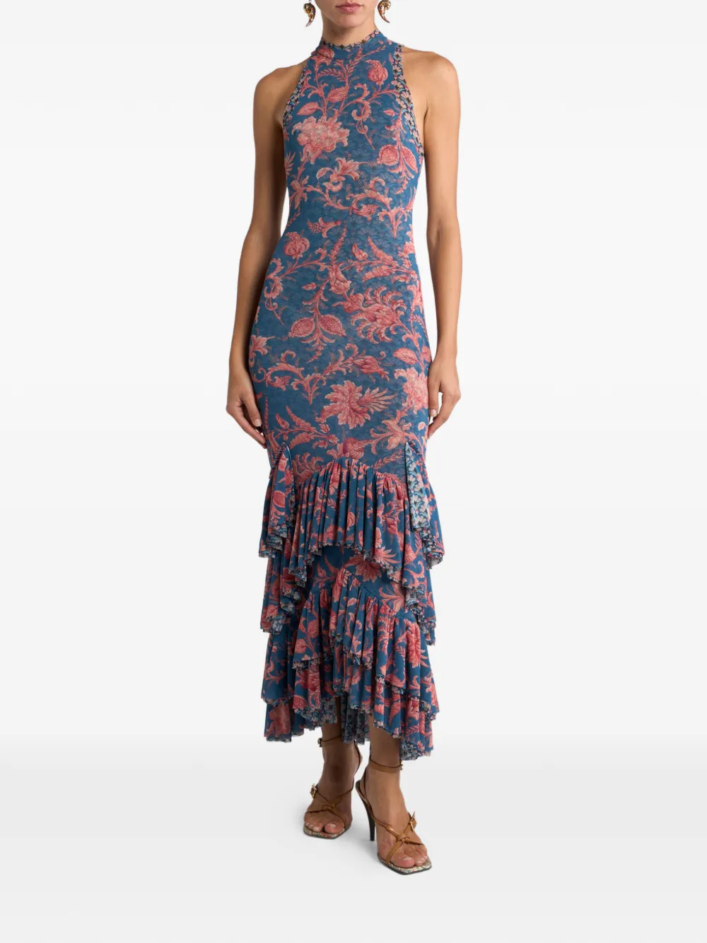 ETRO floral-print ruffled dress - Blauw