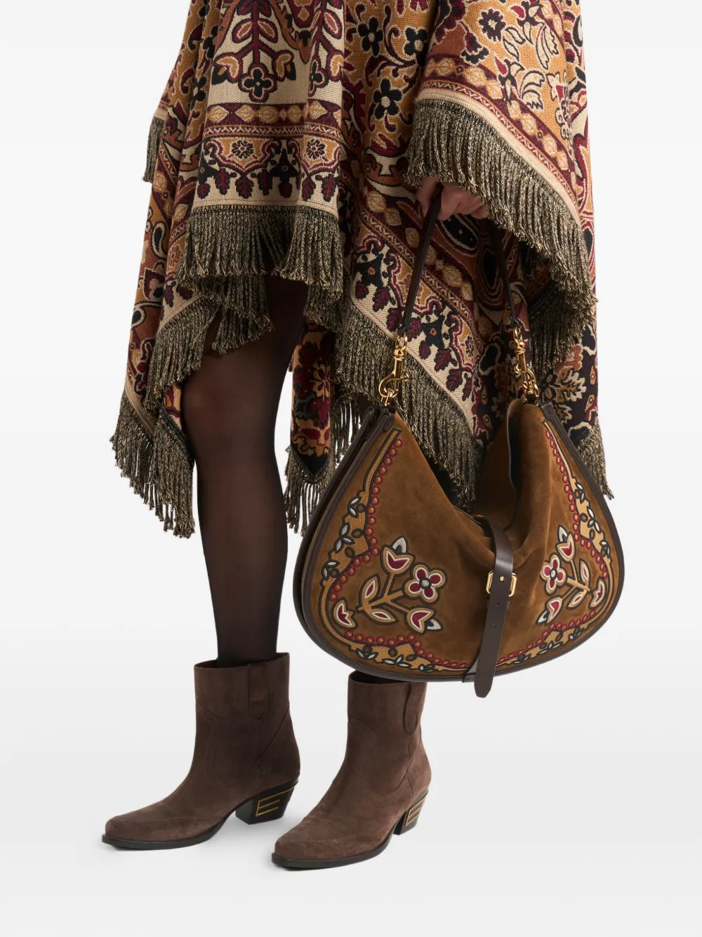 ETRO Pony embroidery suede maxi shoulder bag - Bruin