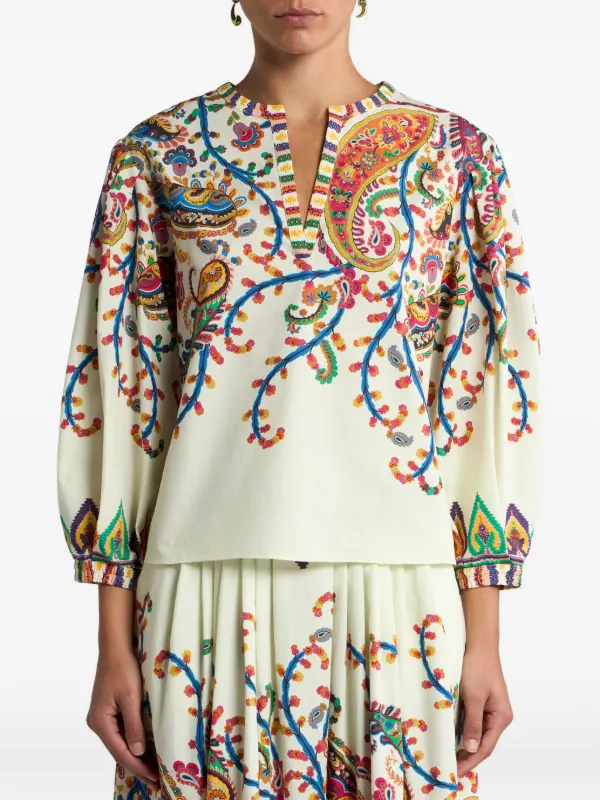 Haut Femme En Coton Imprimé Cachemire - Motif Paisley, Manches 3/4, Taille L | American Sweetheart
