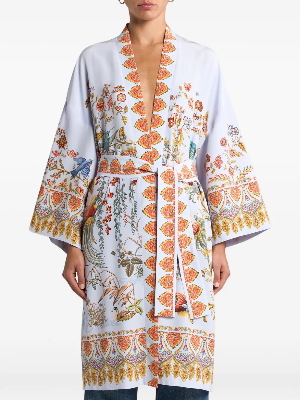  Etro Flora Fauna-print Silk Robe - White 