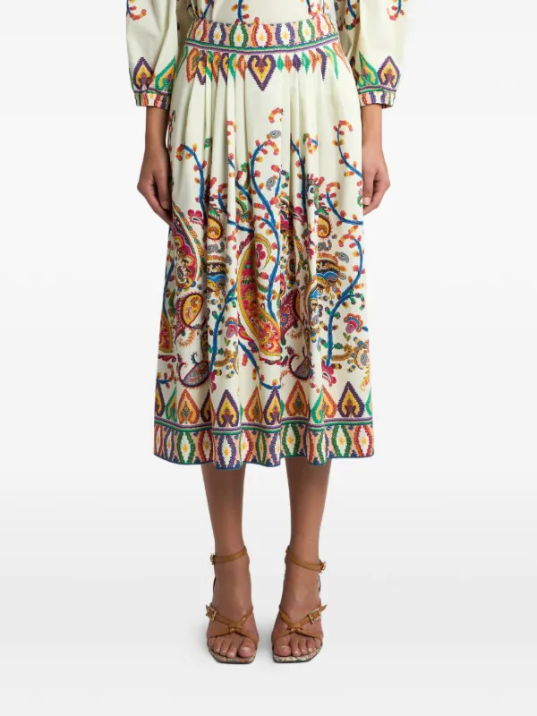Etro Pleated Cotton Midi Skirt with Placed Floral Paisley Print in Neutrals