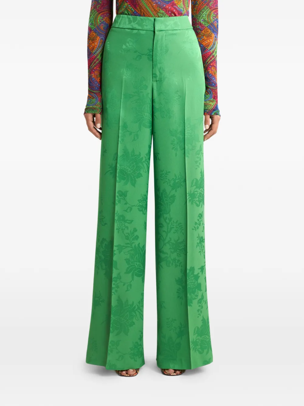 Etro Floral-motif Jacquard Trousers In Green