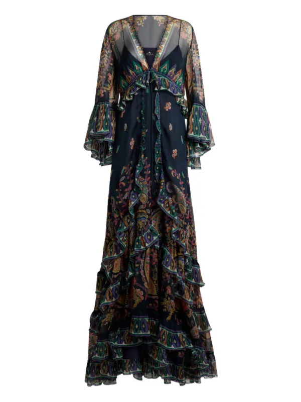 Etro Long Silk Dress with Placed Floral Paisley Print in Blue