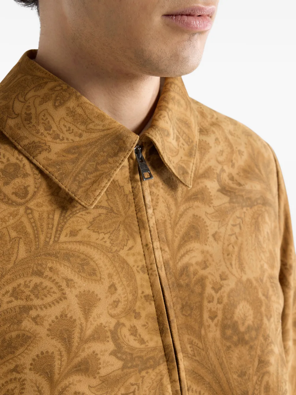 ETRO Suède jack met paisley-bloemenprint en rits Bruin