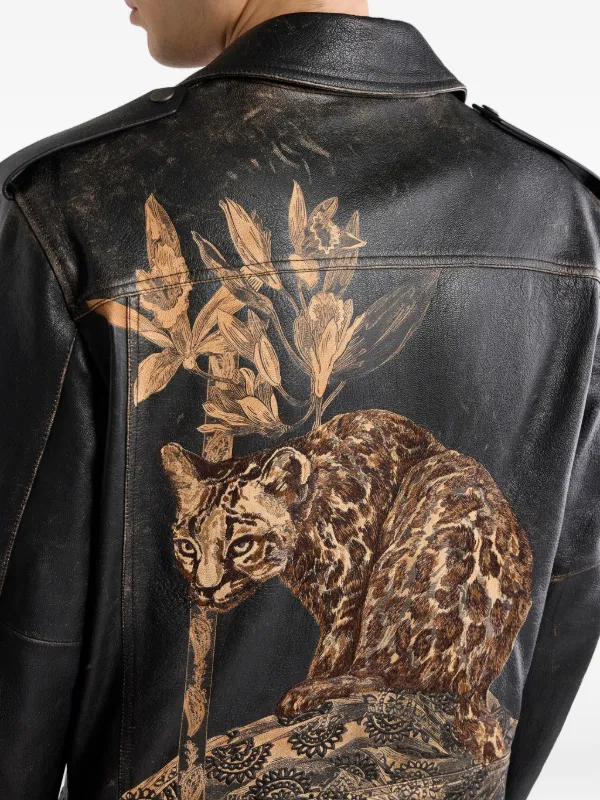 ETRO Leather Biker Jacket With Placed Leopard Print | Black
